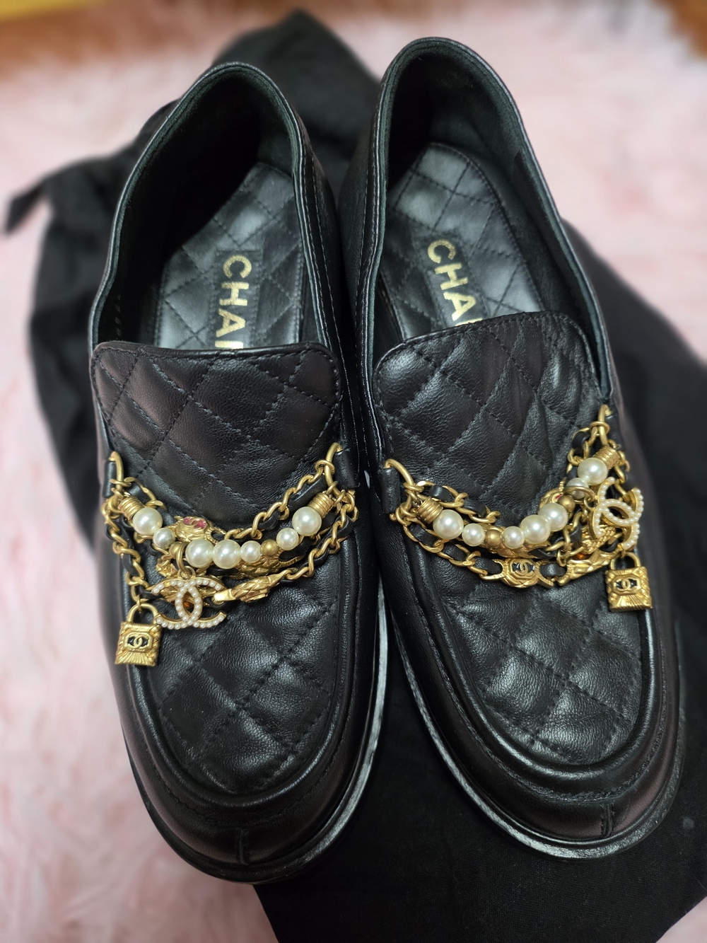 CHANEL Black Quilted Leather Pearl & Gold-Chain Loafers